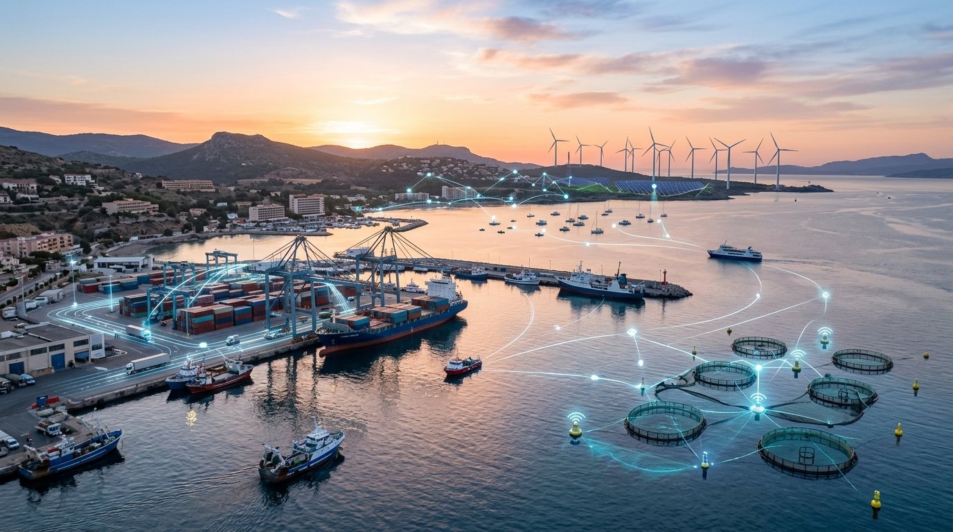 Imagen editorial de inteligencia artificial aplicada a puertos y actividades marinas