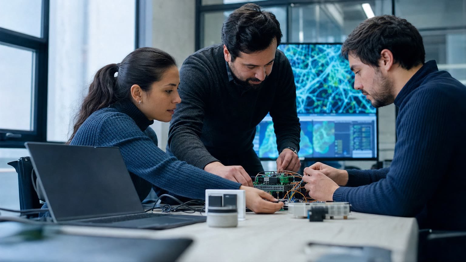 Equipo de investigación trabajando en un prototipo tecnológico, imagen editorial referencial