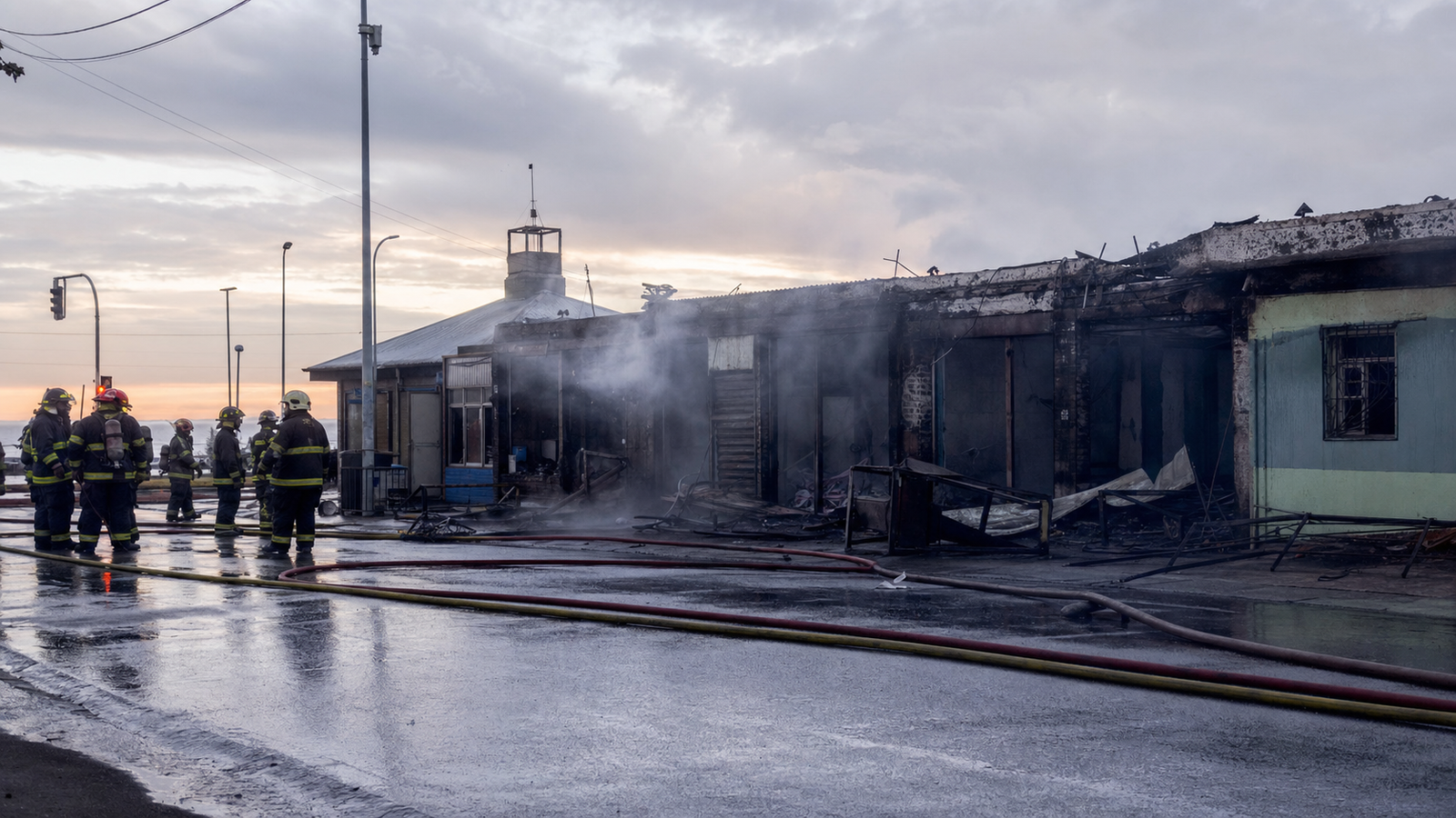 Bomberos trabajan durante una emergencia estructural en un sector comercial