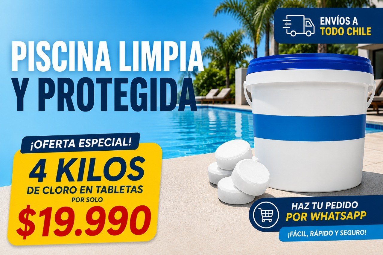 Oferta publicitaria: 4 kilos de cloro en tabletas para piscina por 19.990 pesos, con envíos a todo Chile