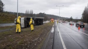Bomberos desplegó operativo por camión volcado en enlace Ruta F-90/Ruta 68
