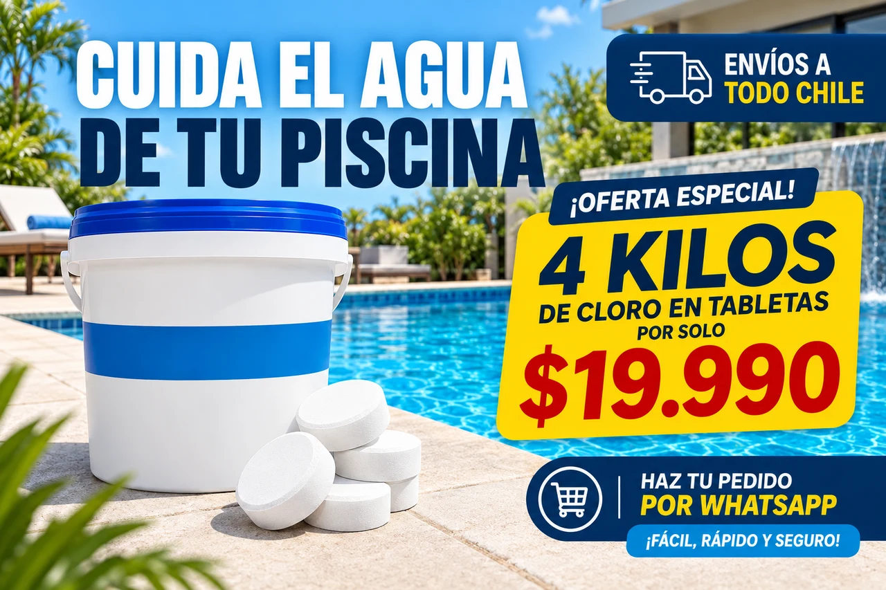 Oferta publicitaria de cloro en tabletas para mantener la piscina limpia y protegida, variante 2