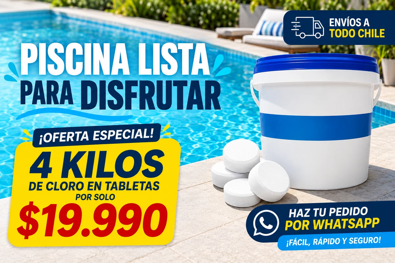 Oferta publicitaria de cuatro kilos de cloro en tabletas por 19.990 pesos, variante 3
