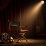 Homenaje cinematográfico con una silla de director vacía, un rollo de película y un escenario iluminado