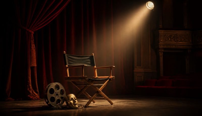 Homenaje cinematográfico con una silla de director vacía, un rollo de película y un escenario iluminado