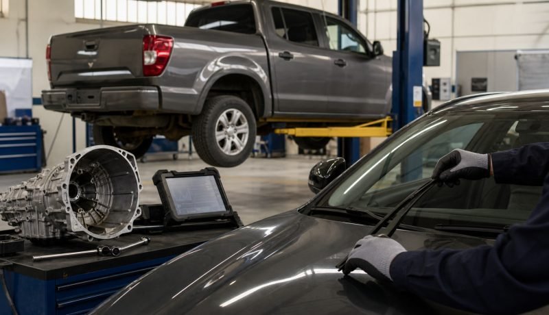 Camioneta y automóvil deportivos genéricos en un taller mecánico