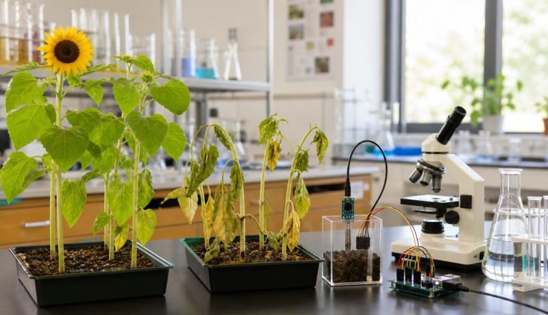 Girasoles saludables y estresados junto a instrumentos de laboratorio escolar