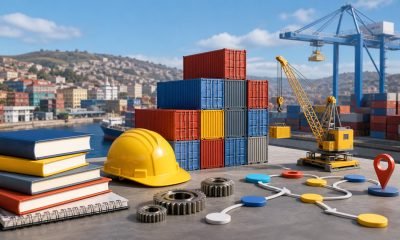 Contenedores portuarios junto a elementos de educación técnica y logística