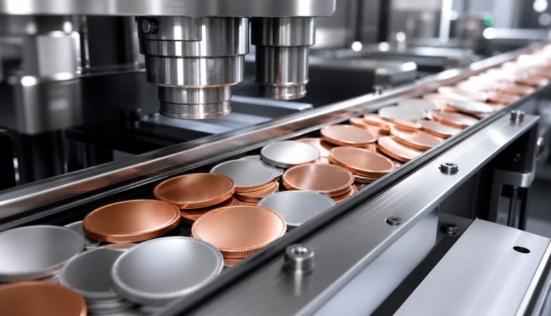 Monedas genéricas de cobre y plata en una línea de producción