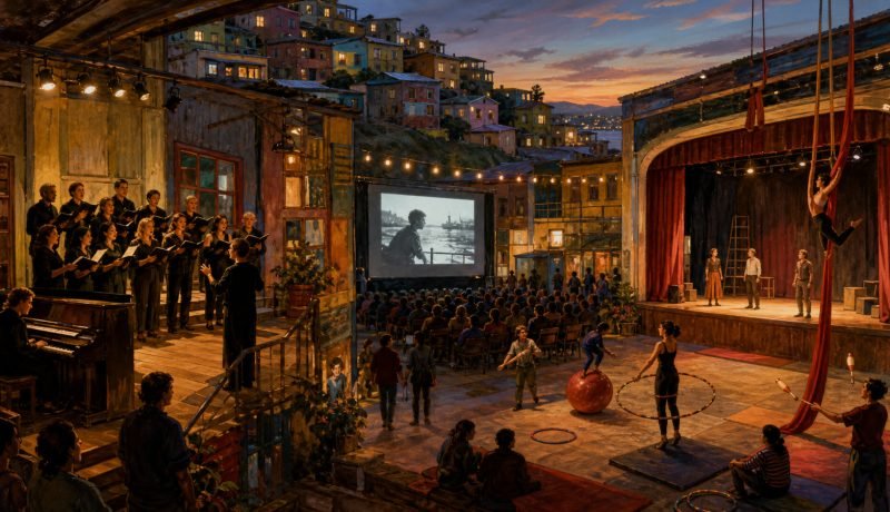 Composición artística de cine, coro y circo en Valparaíso