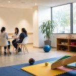 Sala genérica de acompañamiento familiar con profesionales de salud y materiales de actividad