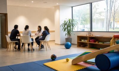 Sala genérica de acompañamiento familiar con profesionales de salud y materiales de actividad