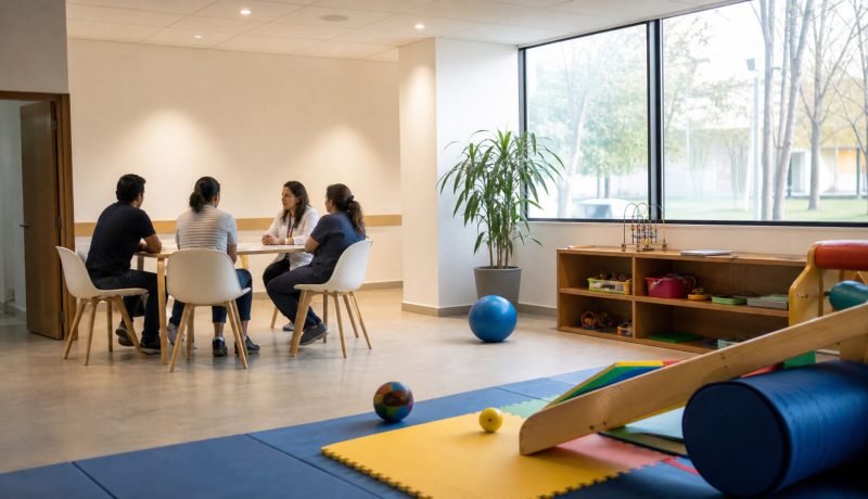 Sala genérica de acompañamiento familiar con profesionales de salud y materiales de actividad