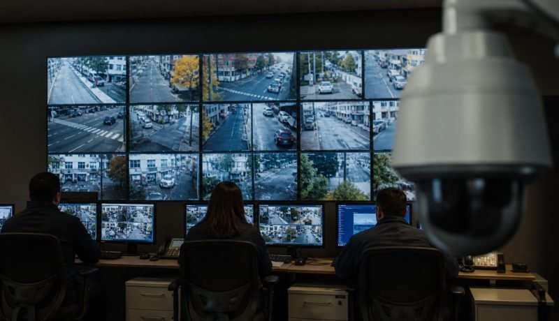 Central genérica de televigilancia urbana con operadores y múltiples pantallas