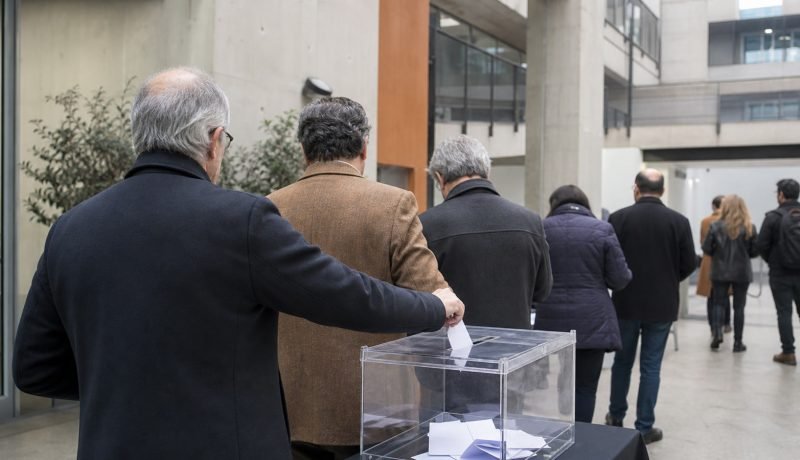 Jornada electoral académica genérica con docentes y una urna transparente
