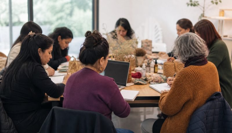Mujeres emprendedoras trabajando en una jornada colaborativa de capacitación