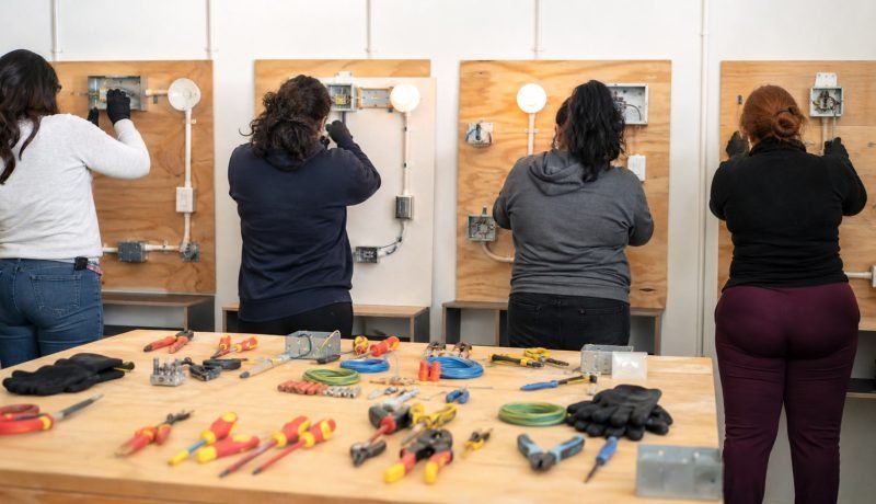 Mujeres realizando una práctica segura en un taller genérico de electricidad