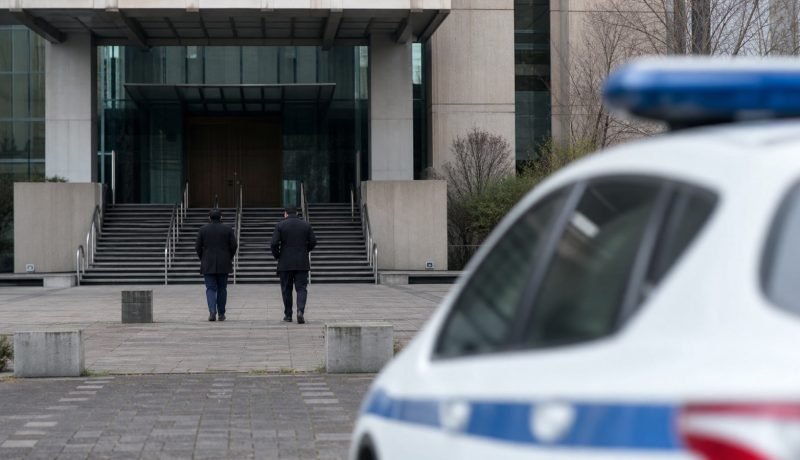 Edificio judicial genérico con funcionarios caminando hacia su acceso