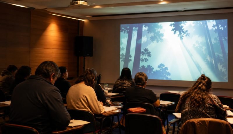 Taller universitario de apreciación cinematográfica con animación abstracta proyectada