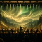 Escena artística inspirada en paisajes y música de mundos digitales sin marcas reconocibles