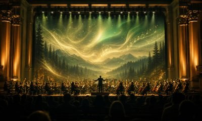 Escena artística inspirada en paisajes y música de mundos digitales sin marcas reconocibles
