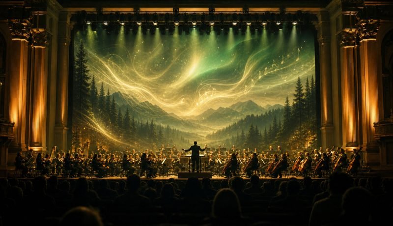 Escena artística inspirada en paisajes y música de mundos digitales sin marcas reconocibles