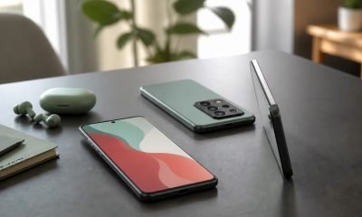 Teléfonos y cuadernos sin marcas utilizados para estudiar estrategias de marketing digital