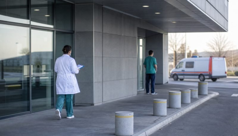 Ambulancia y personal sanitario coordinan un traslado en un hospital regional