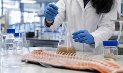 Investigadora analiza residuos de salmón en un laboratorio de biotecnología