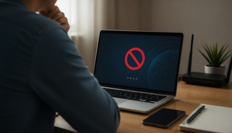 Persona revisa una conexión bloqueada en un computador doméstico
