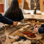Estudiantes trabajan con ramas, hojas, fibras naturales y lana en una muestra artística