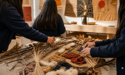 Estudiantes trabajan con ramas, hojas, fibras naturales y lana en una muestra artística