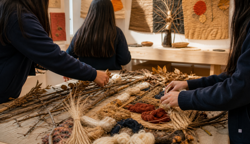 Estudiantes trabajan con ramas, hojas, fibras naturales y lana en una muestra artística