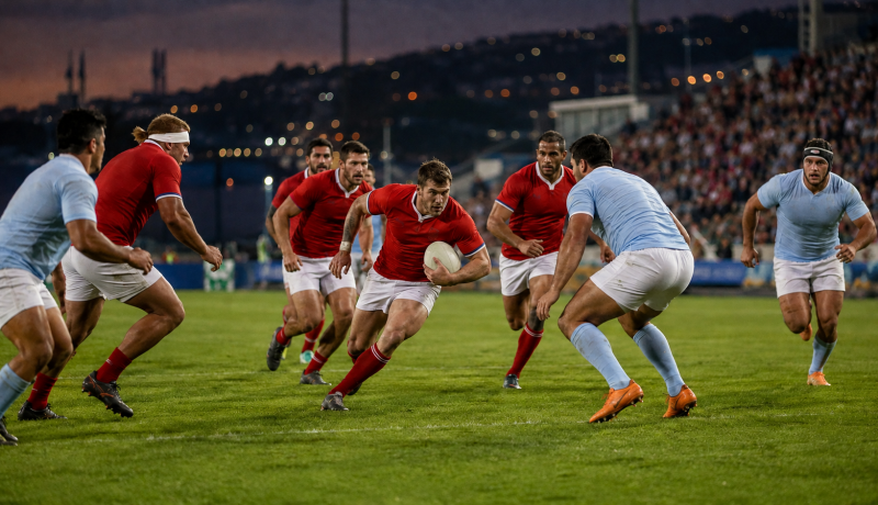 Jugadores de rugby disputan un partido nocturno en un estadio de Valparaíso