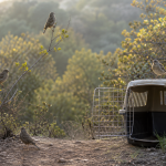 Aves silvestres junto a una jaula de transporte abierta en un entorno natural