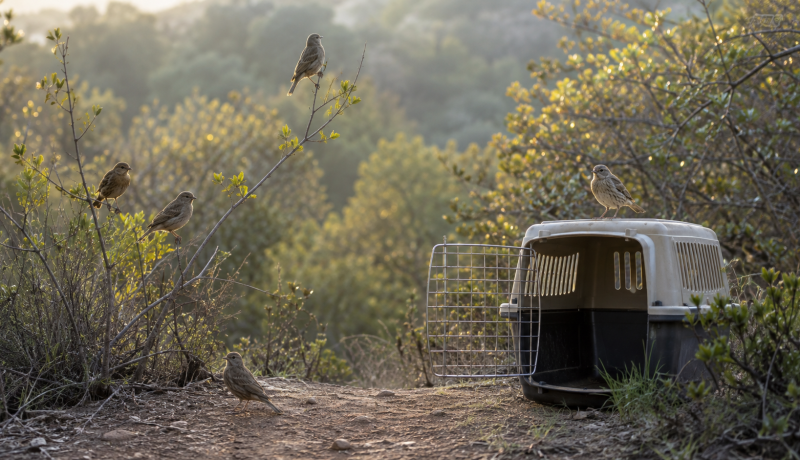 Aves silvestres junto a una jaula de transporte abierta en un entorno natural