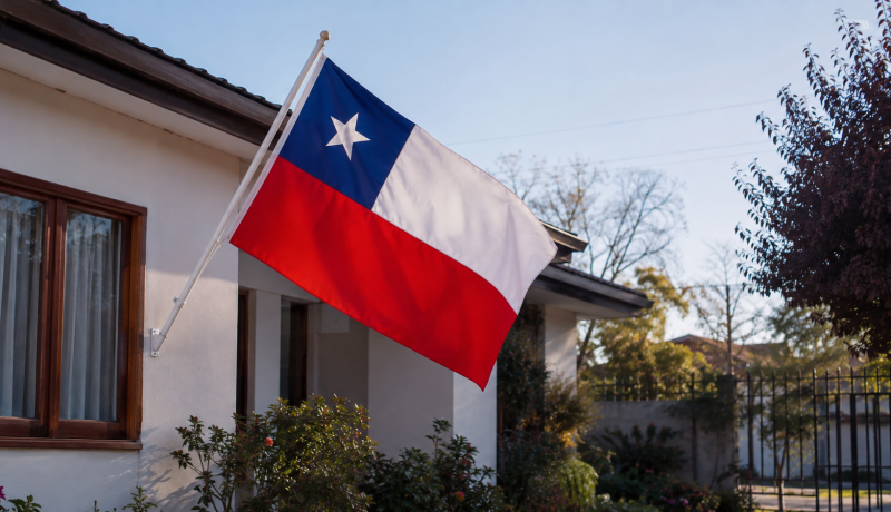 Bandera chilena correctamente instalada en el exterior de una vivienda