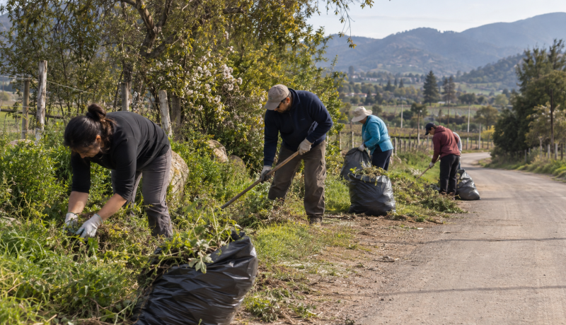 Voluntarios realizan labores de desmalezado en un camino rural de Casablanca