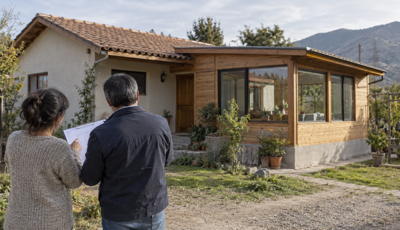 Propietaria y profesional revisan planos frente a una vivienda ampliada
