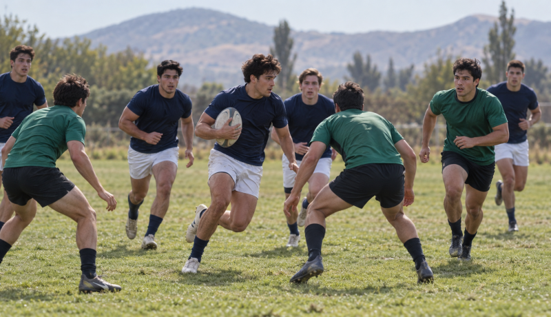Jugadores disputan un partido de rugby seven en una cancha del valle central