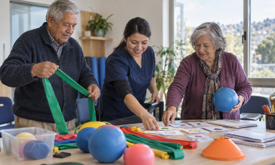 Personas mayores y una profesional de salud preparan materiales para un taller de envejecimiento activo
