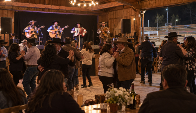 Parejas bailan mientras un conjunto ranchero toca en un recinto rural de Casablanca