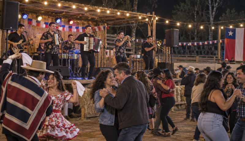 Conjunto de cumbia toca ante familias que bailan en una fonda de Casablanca