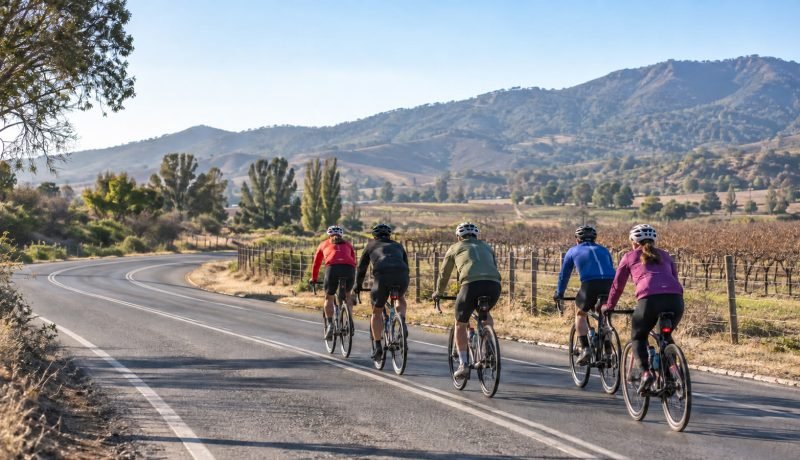 Cinco ciclistas recorren un camino rural entre viñedos del valle de Casablanca