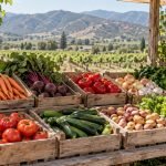 Frutas y hortalizas frescas dispuestas en bandejas para una feria campesina