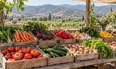 Frutas y hortalizas frescas dispuestas en bandejas para una feria campesina
