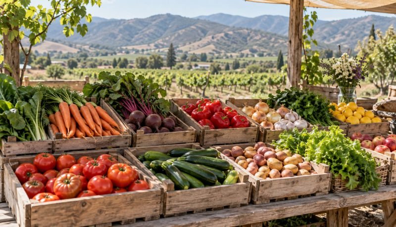 Frutas y hortalizas frescas dispuestas en bandejas para una feria campesina