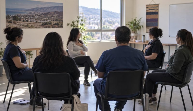Funcionarias de salud participan en una actividad grupal de atención plena