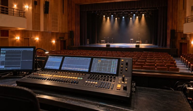 Consola de iluminación frente al escenario de un teatro municipal
