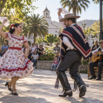 Parejas adultas bailan cueca junto a músicos y familias reunidas en una plaza